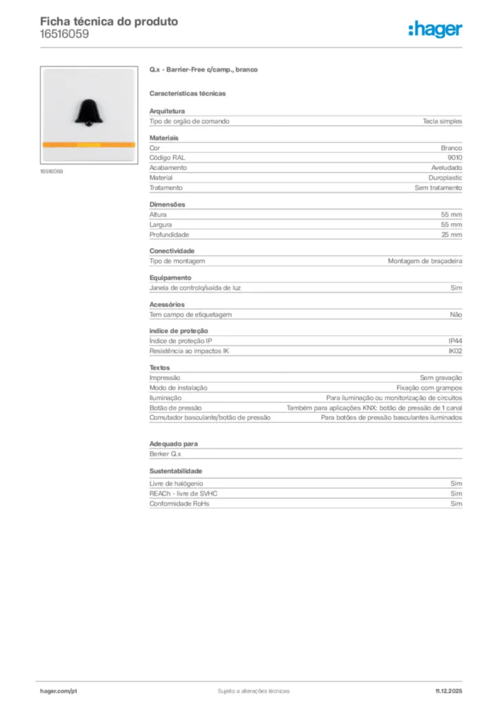 Imagem Hager Ficha técnica do produto 16516059 | Hager Portugal