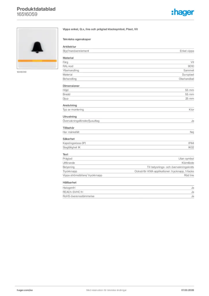 Bild Hager Produktdatablad 16516059 | Hager Sverige
