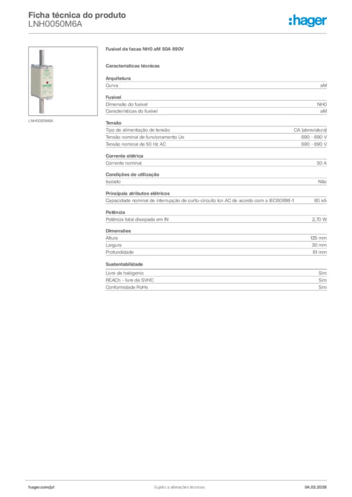 Imagem Hager Ficha técnica do produto LNH0050M6A | Hager Portugal