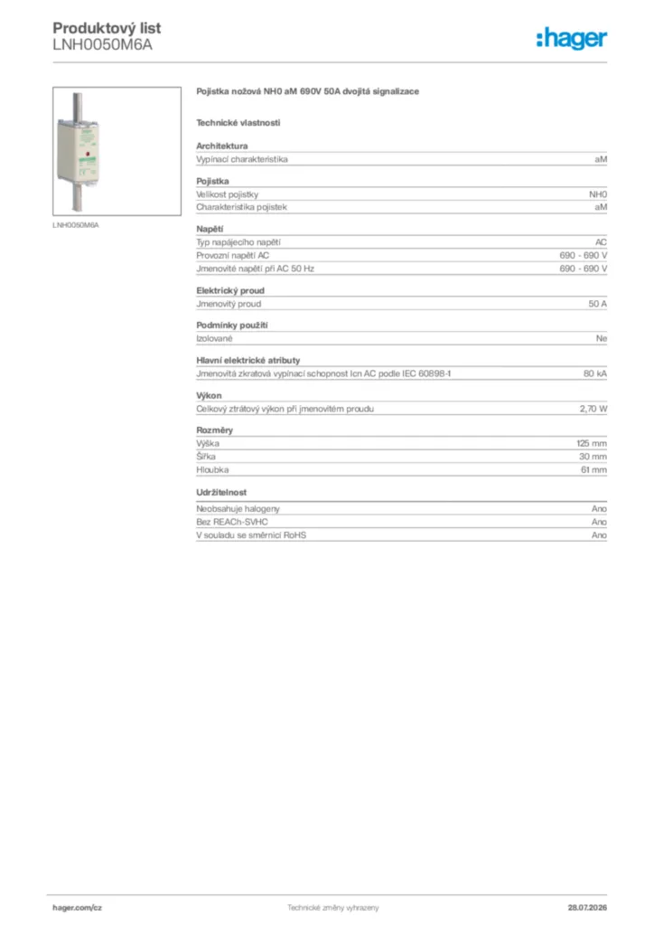 Obrázek Hager Generováno - Datový list produktu LNH0050M6A | Hager
