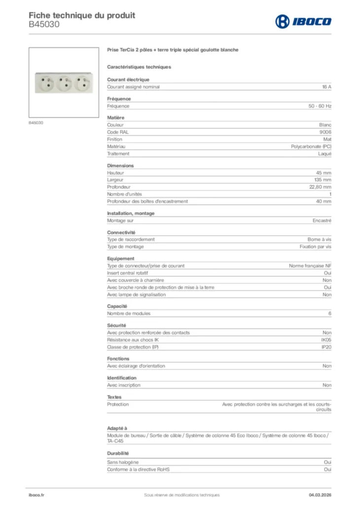 Image Iboco Fiche technique du produit B45030 | Hager France