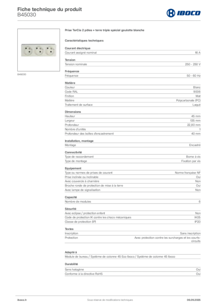 Image Iboco Fiche technique du produit B45030 | Hager France