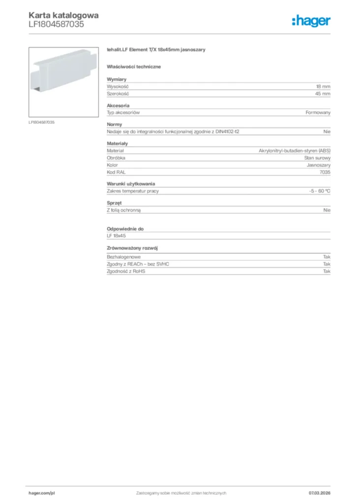 Zdjęcie Hager Karta katalogowa LF1804587035 | Hager Polska