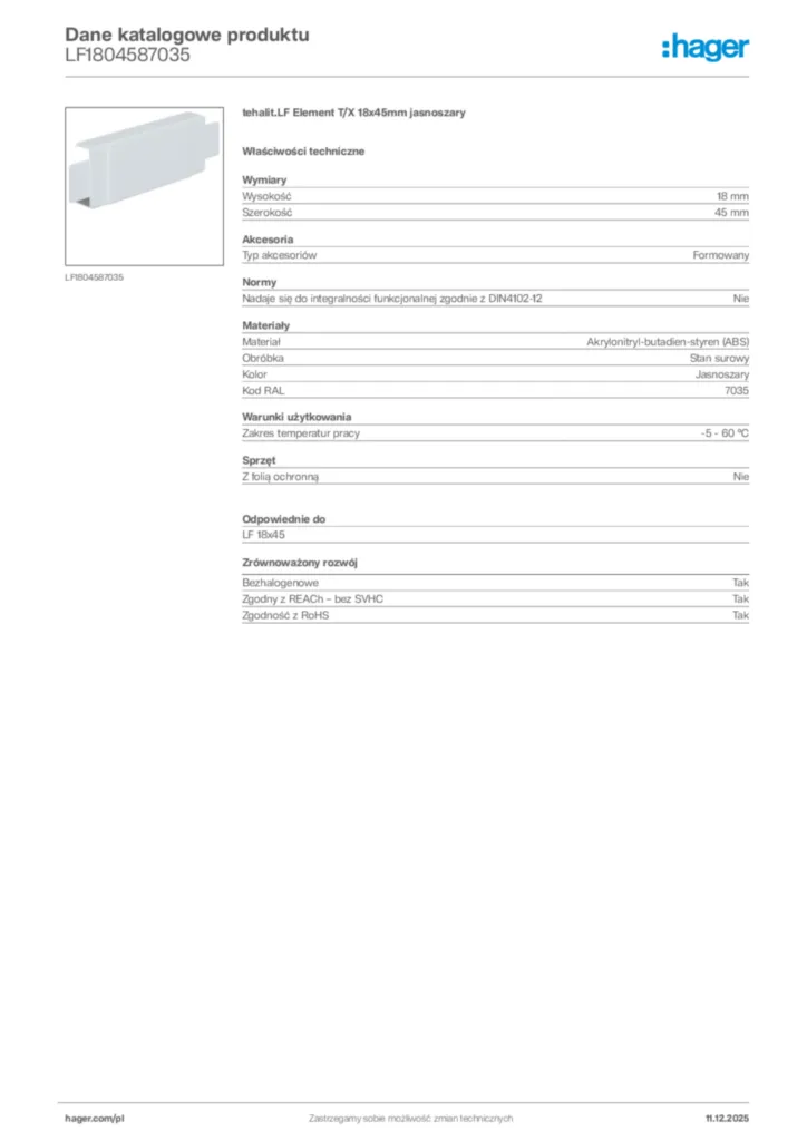 Zdjęcie Hager Dane katalogowe produktu LF1804587035 | Hager Polska
