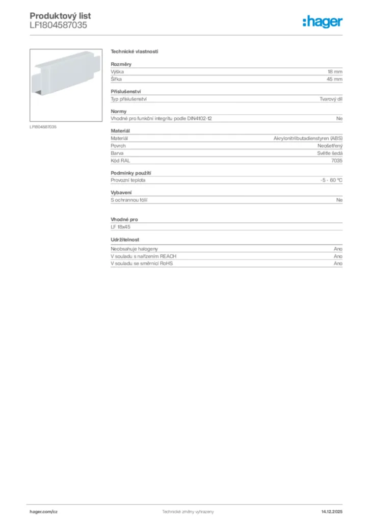 Obrázek Hager Produktový list LF1804587035 | Hager