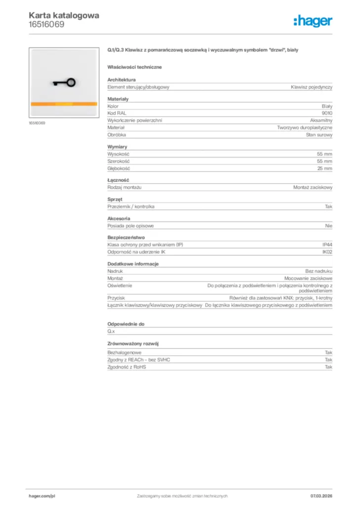 Zdjęcie Hager Karta katalogowa 16516069 | Hager Polska