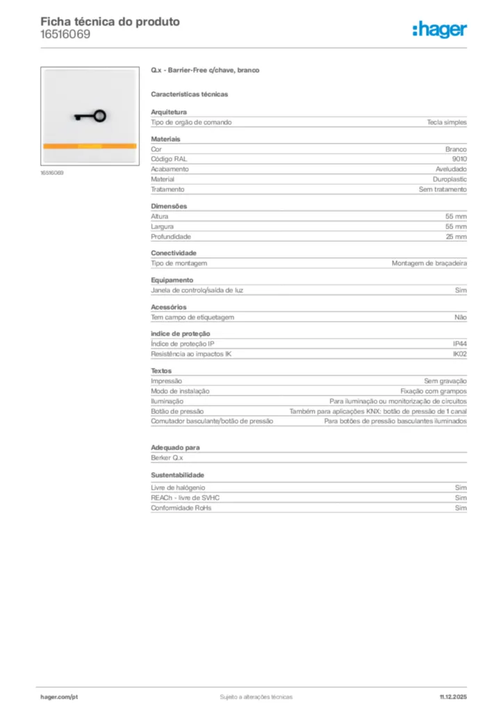 Imagem Hager Ficha técnica do produto 16516069 | Hager Portugal