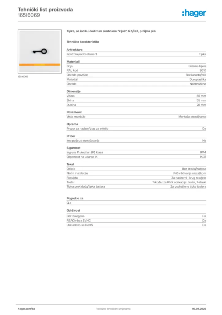 Slika Hager Tehnički list proizvoda 16516069  | Hager