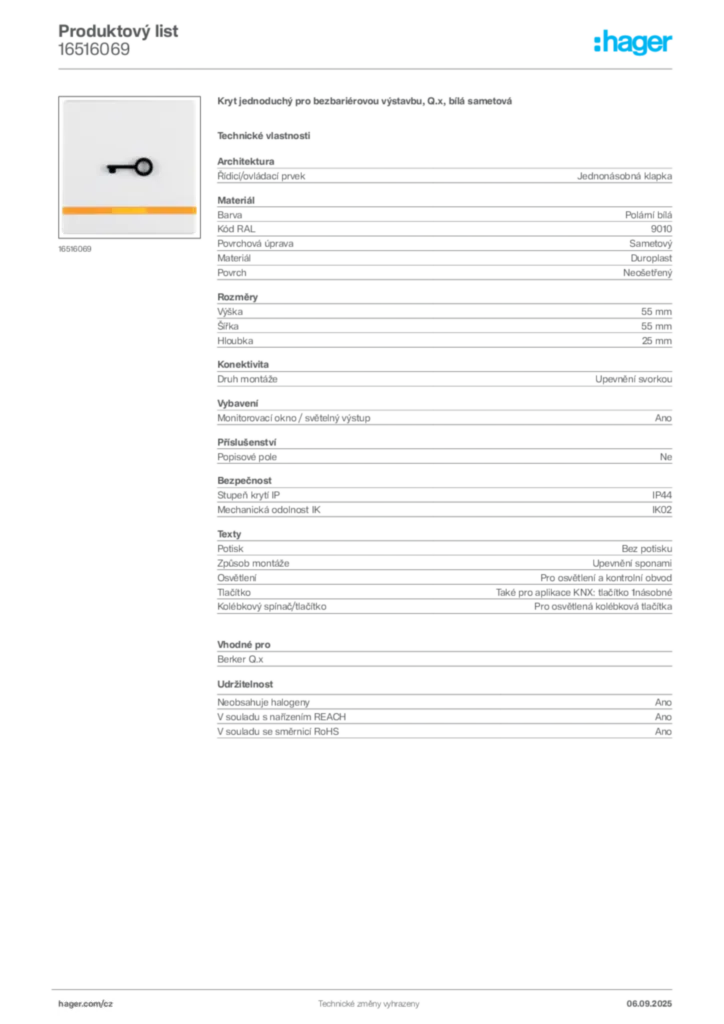 Obrázek Hager Produktový list 16516069 | Hager