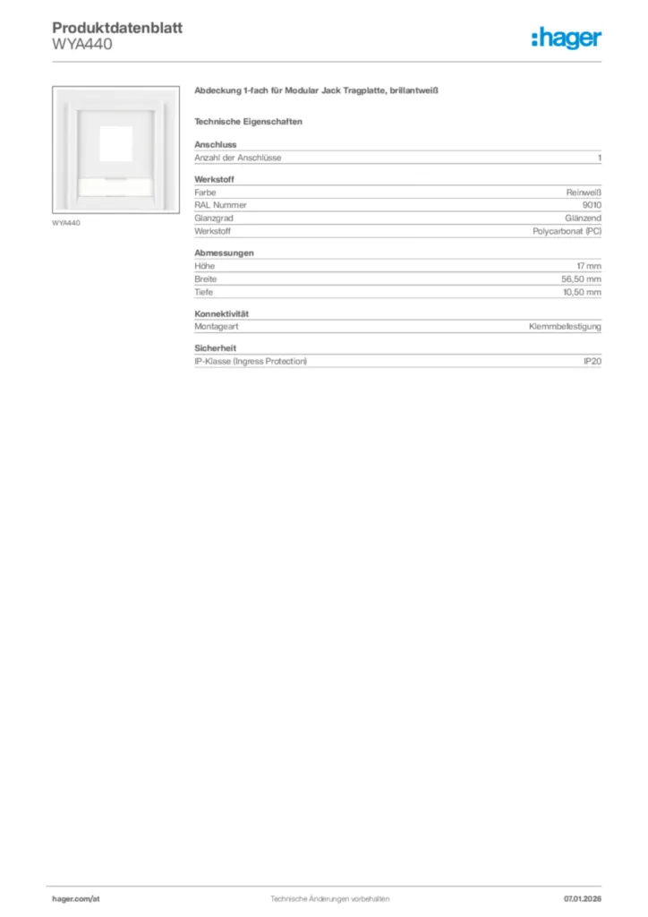 Bild Hager Produktdatenblatt WYA440 | Hager Deutschland