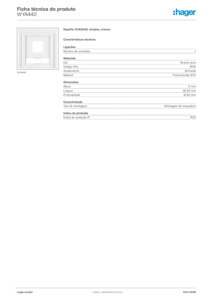 Imagem Hager Ficha técnica do produto WYA440 | Hager Portugal