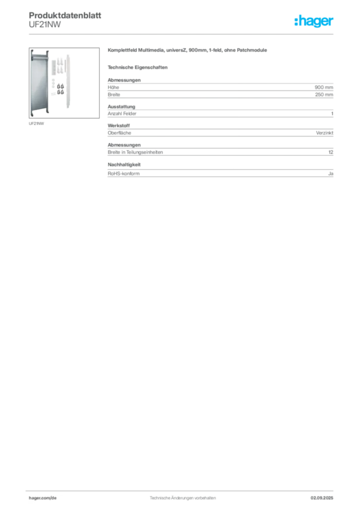 Bild Hager Produktdatenblatt UF21NW | Hager Deutschland