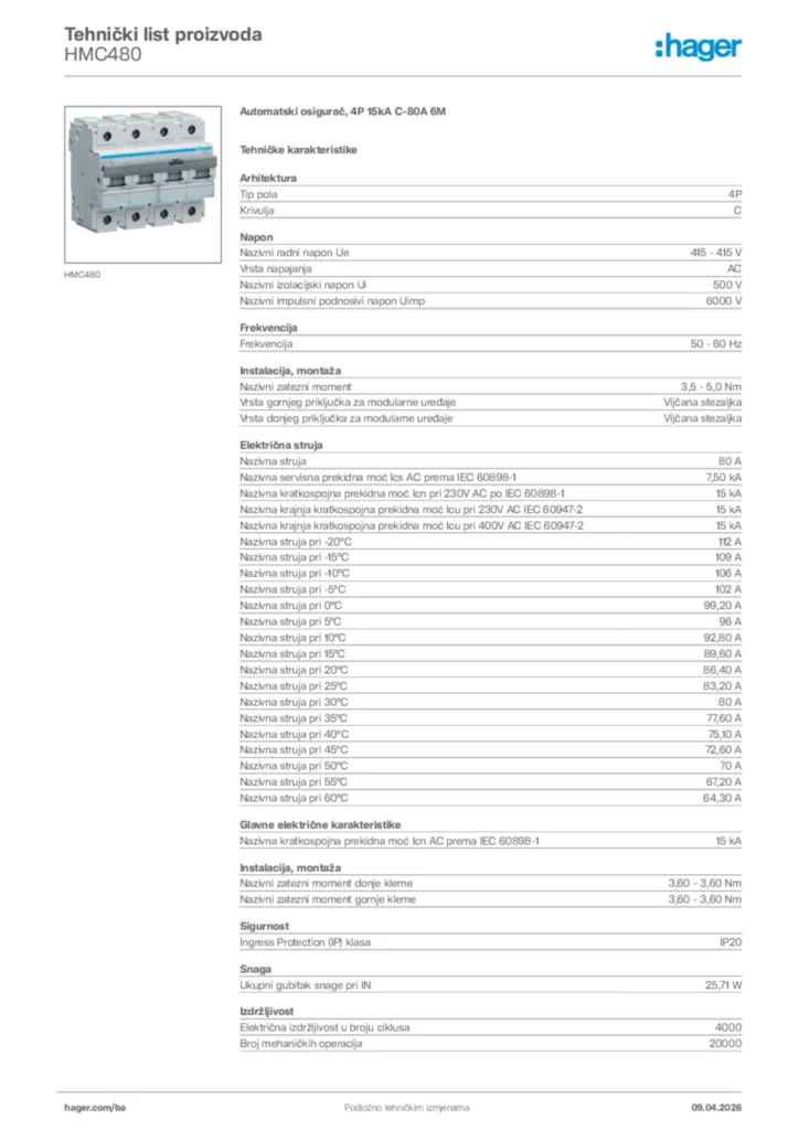 Slika Hager Tehnički list proizvoda HMC480  | Hager