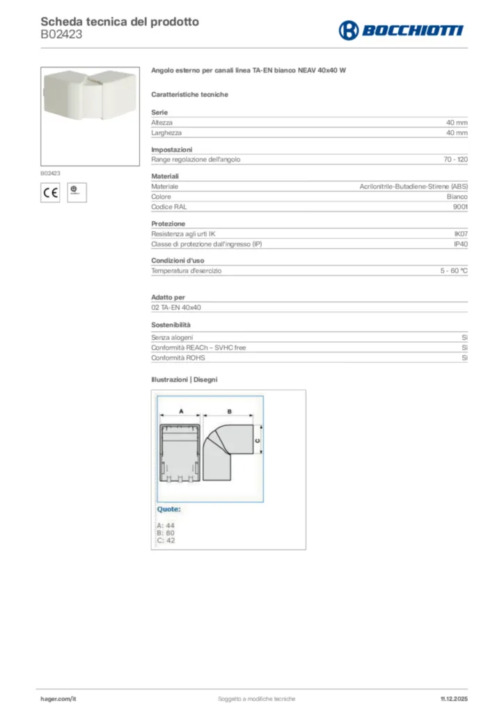 Immagine Bocchiotti Scheda tecnica del prodotto B02423 | Hager Italia