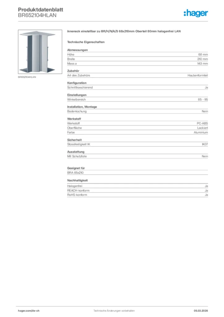 Bild Hager Produktdatenblatt BR652104HLAN | Hager Schweiz
