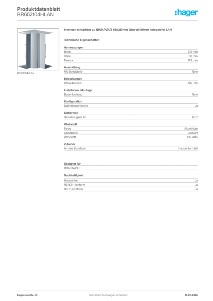 Bild Hager Produktdatenblatt BR652104HLAN | Hager Schweiz