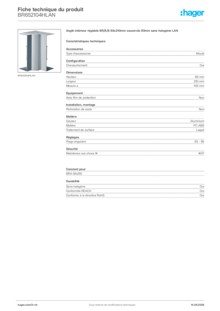 Image Hager Fiche technique du produit BR652104HLAN | Hager Suisse