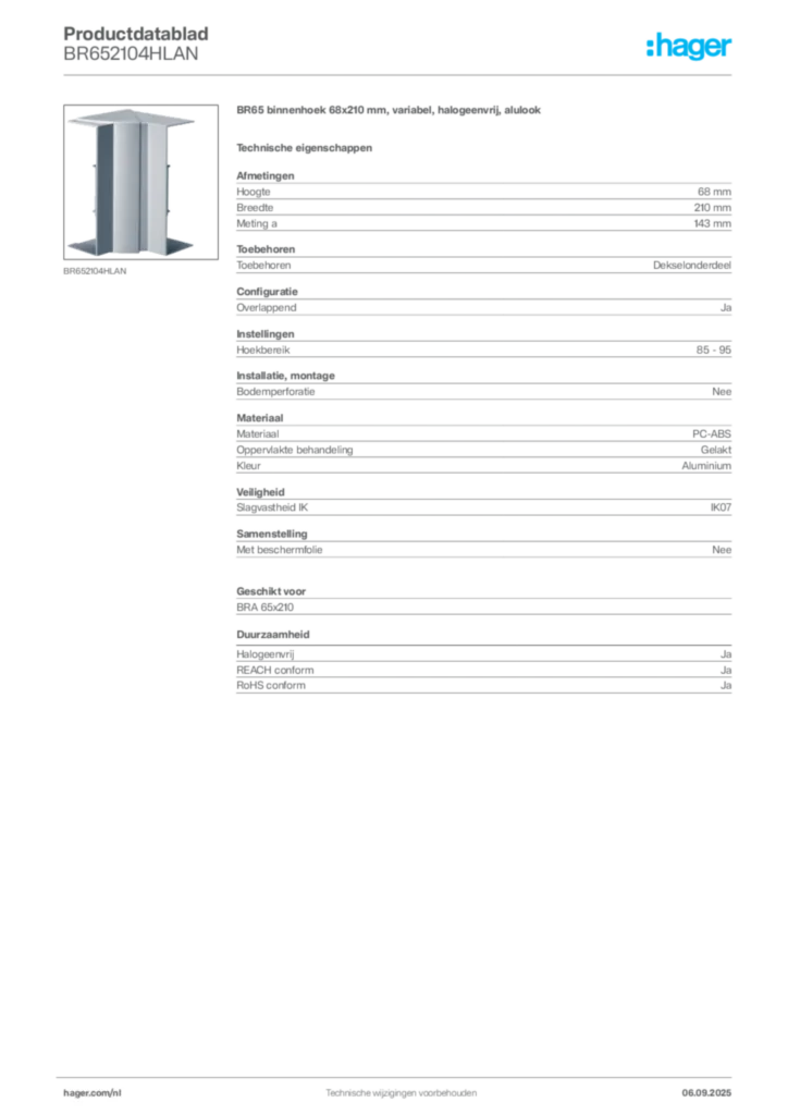 Afbeelding Hager Productdatablad BR652104HLAN | Hager Nederland