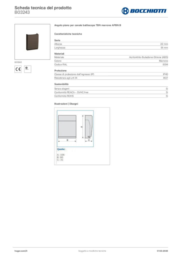 Immagine Bocchiotti Scheda tecnica del prodotto B03243 | Hager Italia