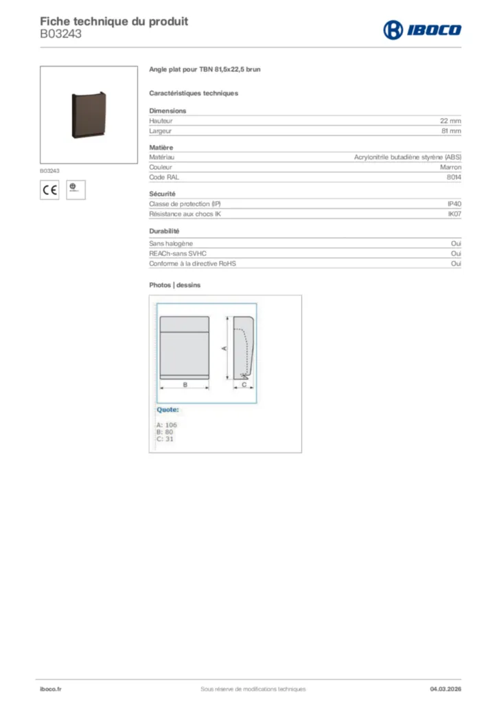 Image Iboco Fiche technique du produit B03243 | Hager France