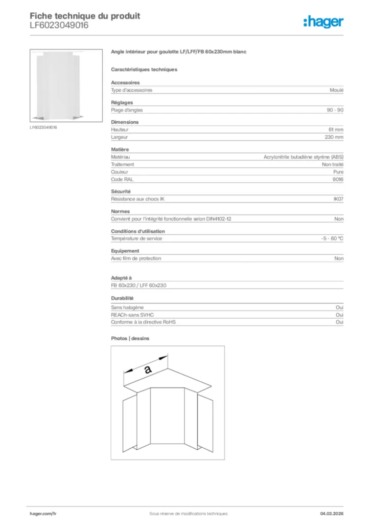 Image Hager Fiche technique du produit LF6023049016 | Hager France