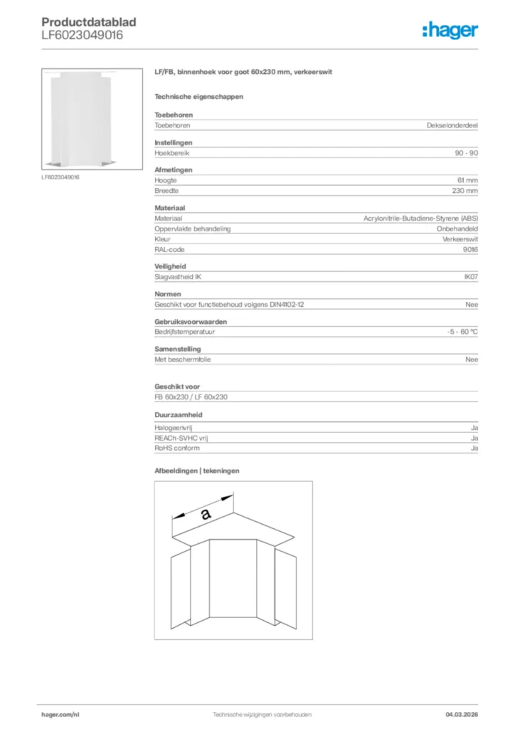 Afbeelding Hager Productdatablad LF6023049016 | Hager Nederland