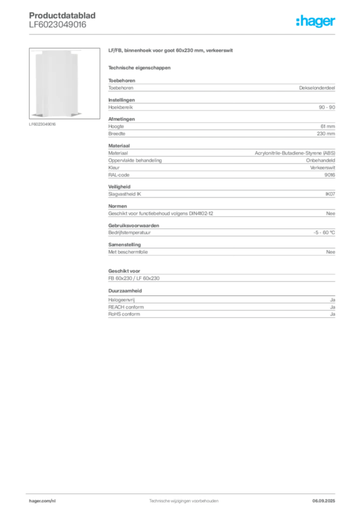 Afbeelding Hager Productdatablad LF6023049016 | Hager Nederland