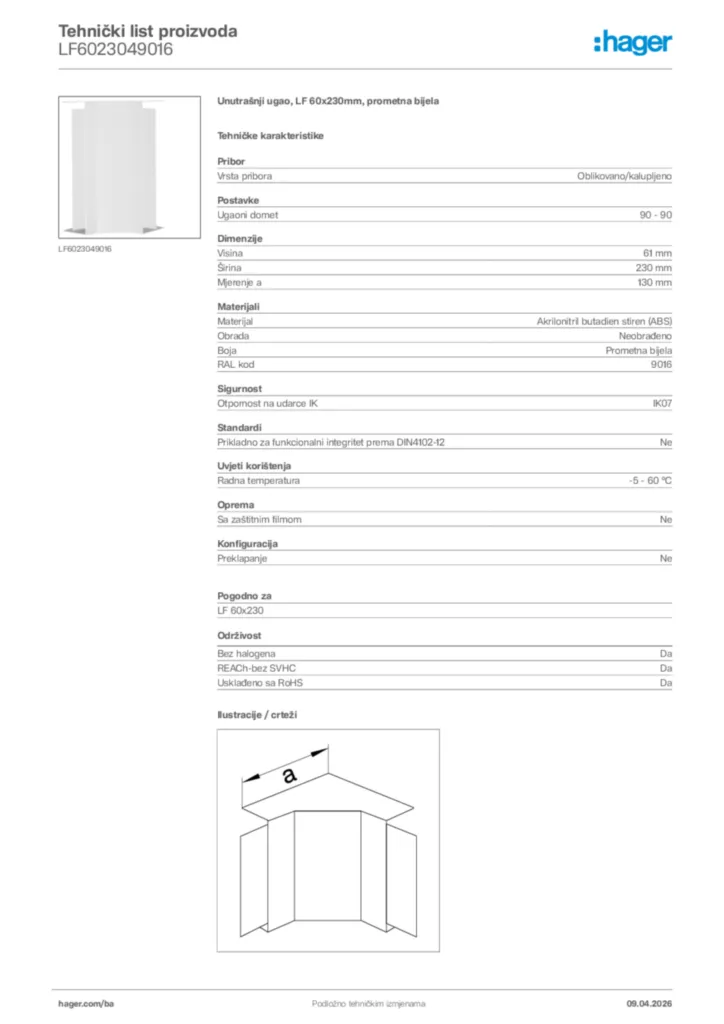 Slika Hager Tehnički list proizvoda LF6023049016  | Hager