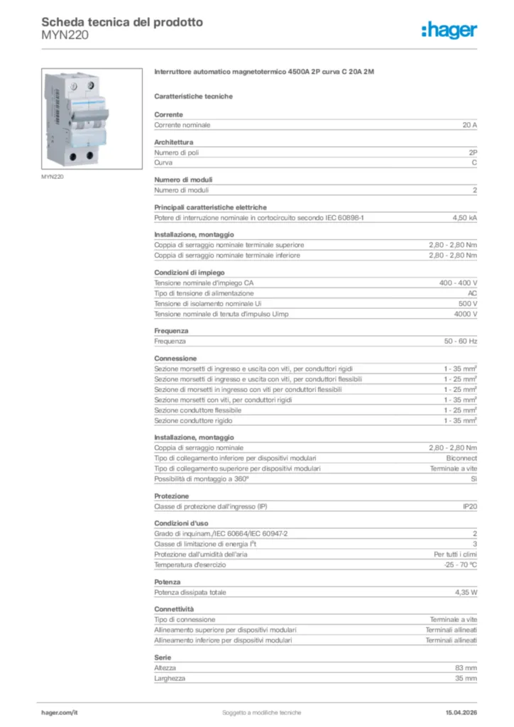 Immagine Hager Scheda tecnica del prodotto MYN220 | Hager Italia