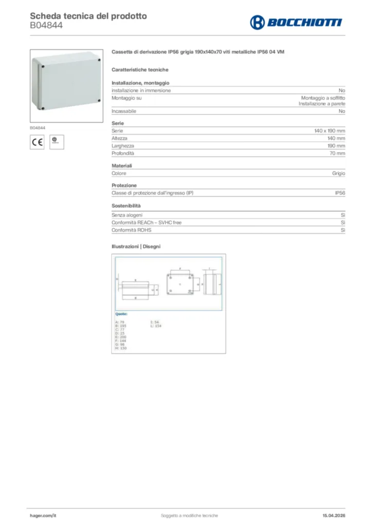 Immagine Bocchiotti Scheda tecnica del prodotto B04844 | Hager Italia