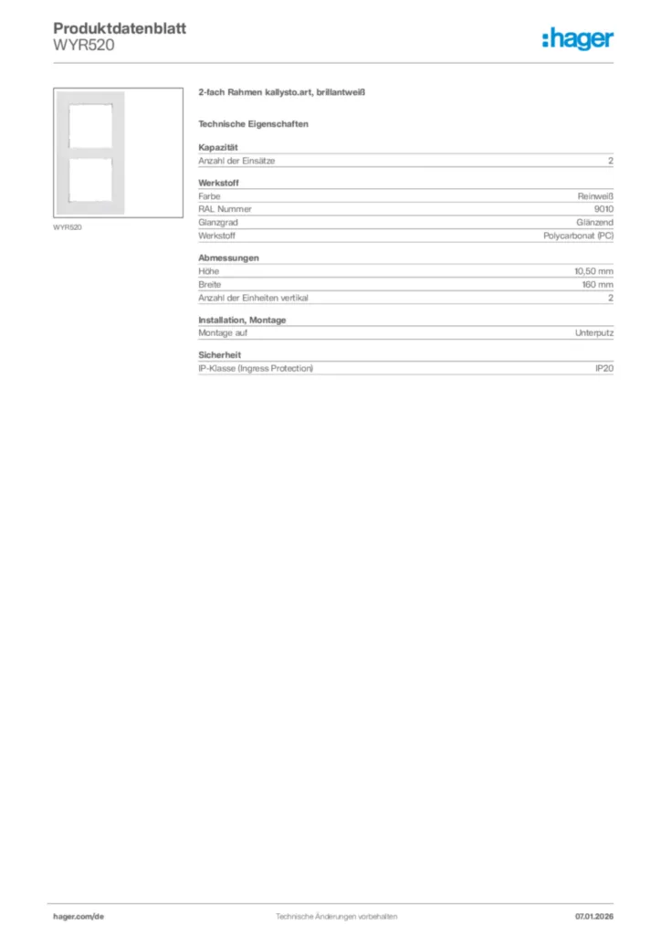 Bild Hager Produktdatenblatt WYR520 | Hager Deutschland