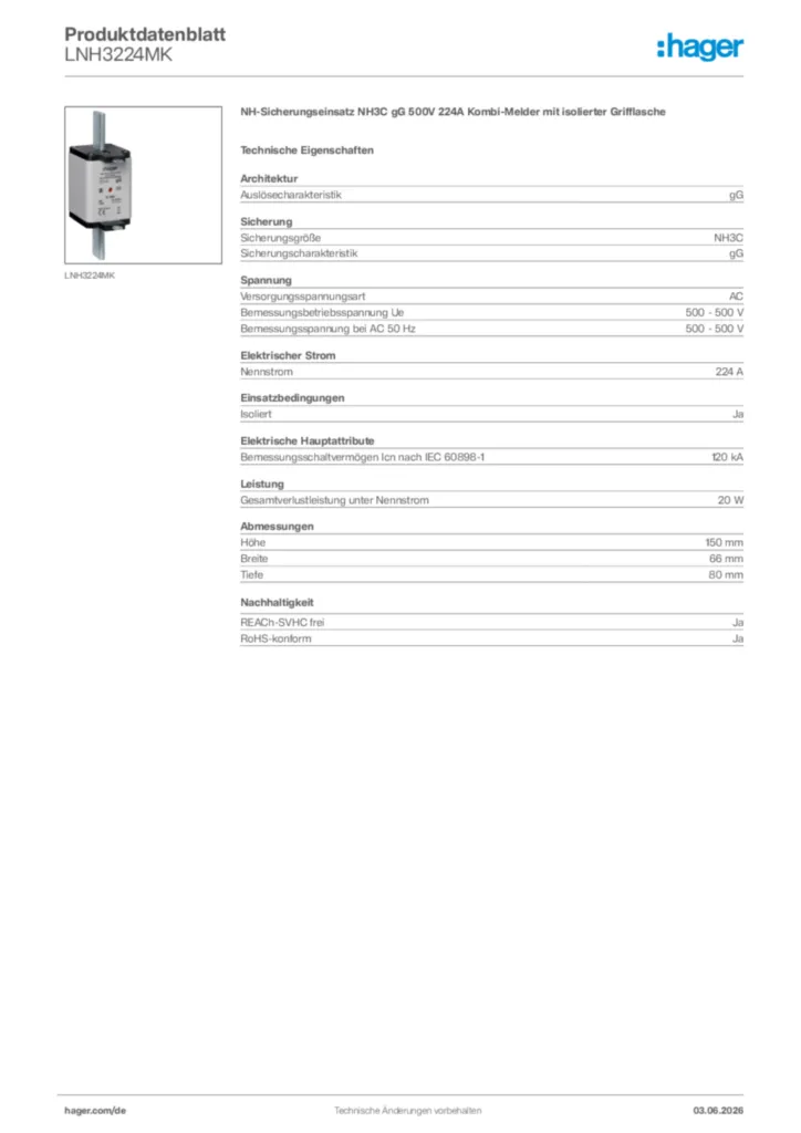 Bild Hager Produktdatenblatt LNH3224MK | Hager Deutschland