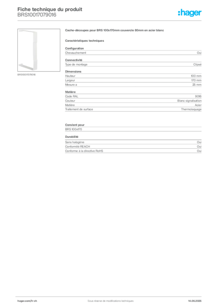 Image Hager Fiche technique du produit BRS10017079016 | Hager Suisse