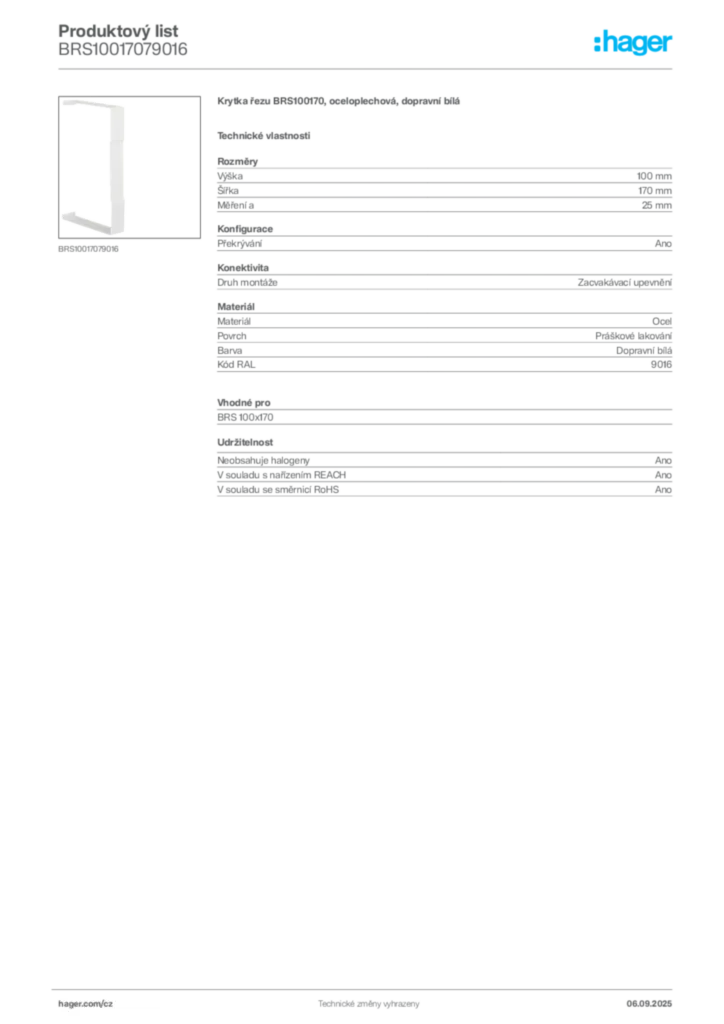 Obrázek Hager Produktový list BRS10017079016 | Hager