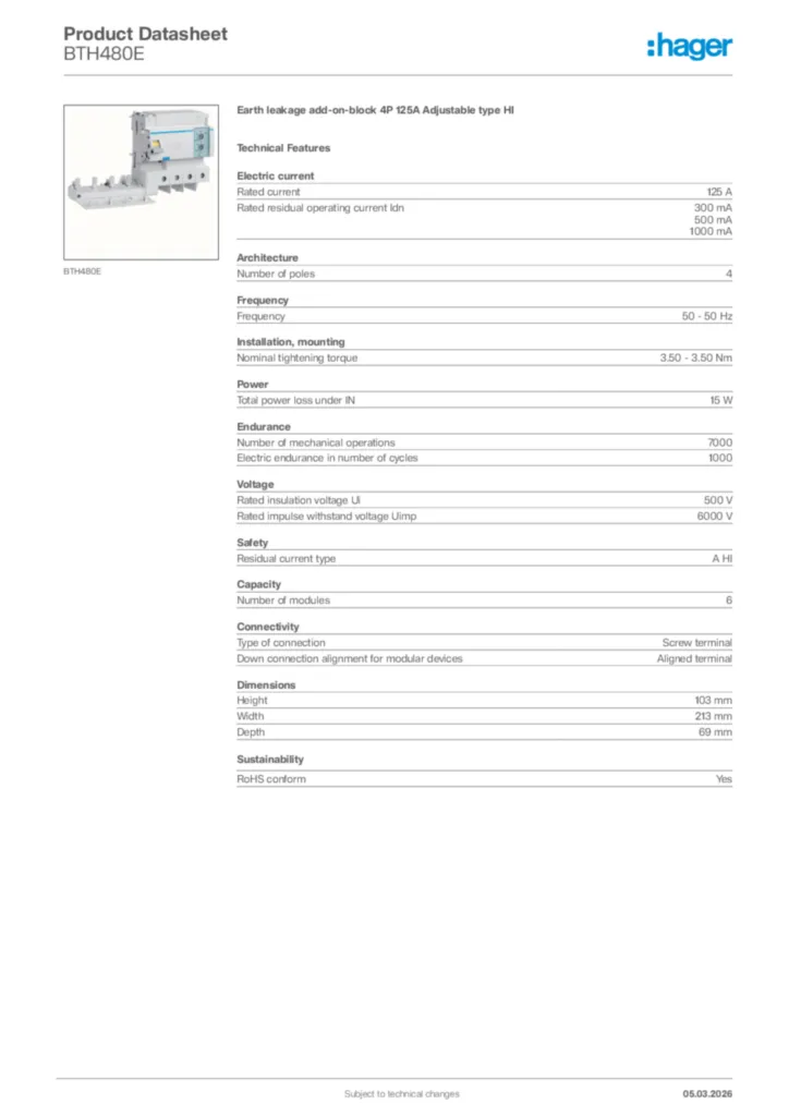 Image Hager Product data sheet BTH480E  | Hager Africa