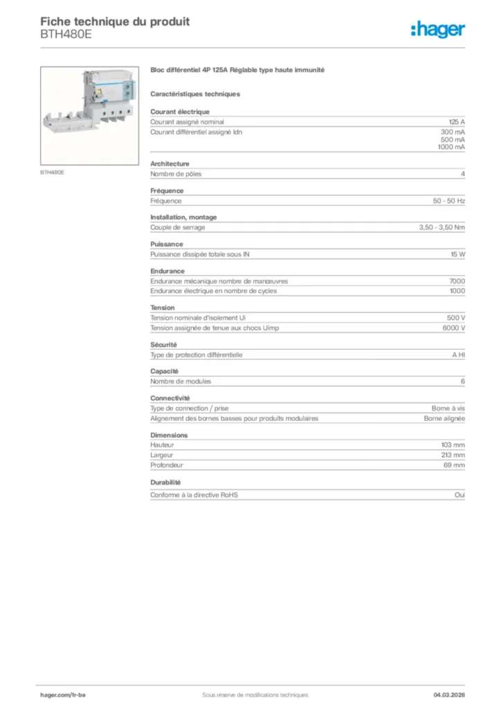 Image Hager Fiche technique du produit BTH480E | Hager Belgique
