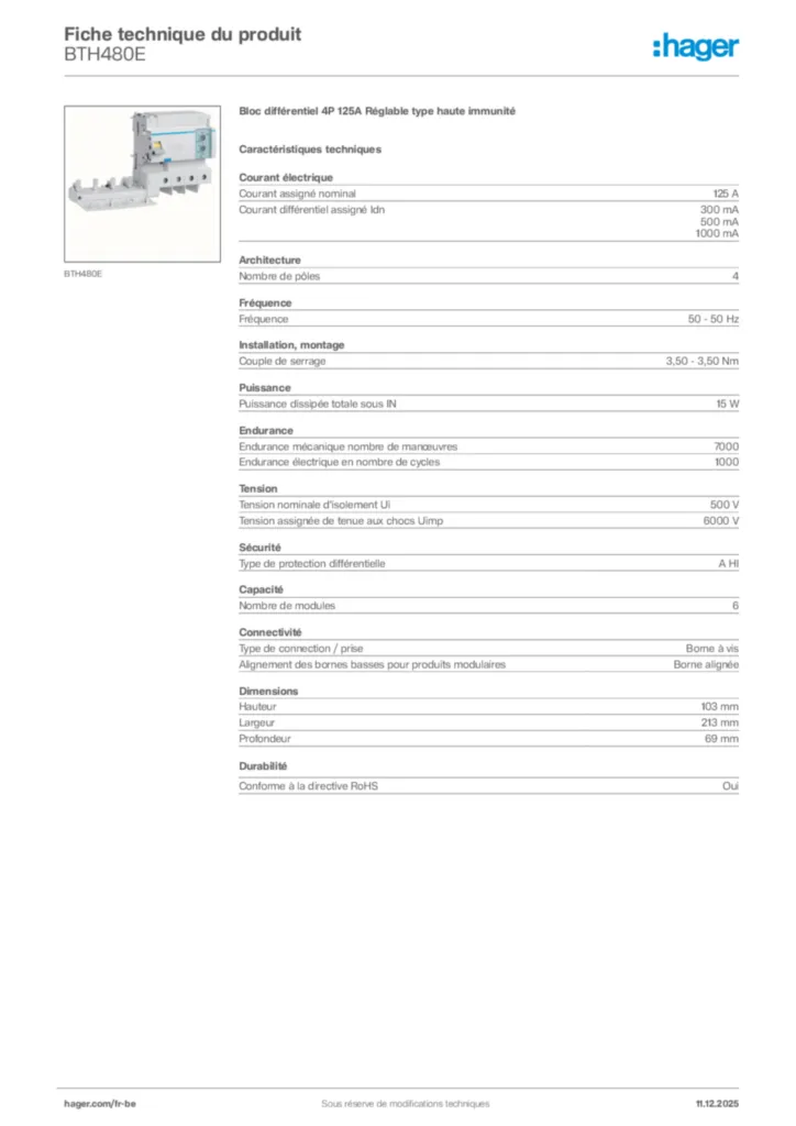 Image Hager Fiche technique du produit BTH480E | Hager Belgique