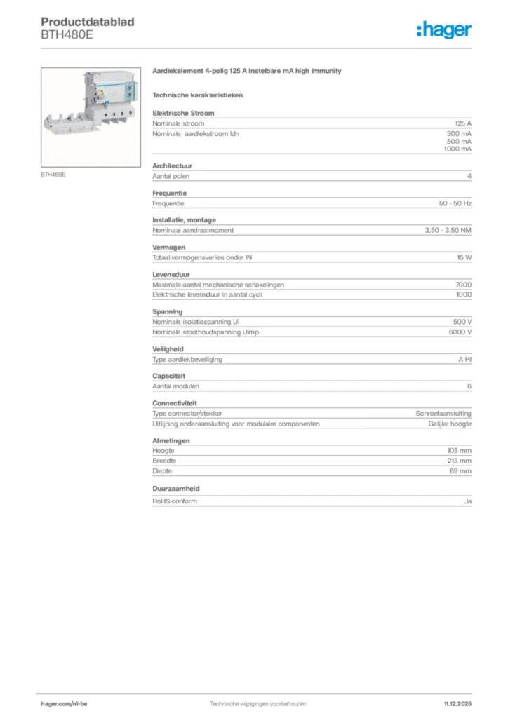 Afbeelding Hager Productdatablad BTH480E | Hager Belgium