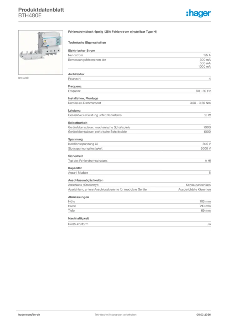 Bild Hager Produktdatenblatt BTH480E | Hager Schweiz