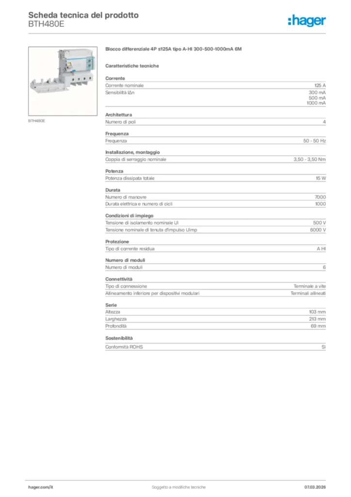 Immagine Hager Scheda tecnica del prodotto BTH480E | Hager Italia