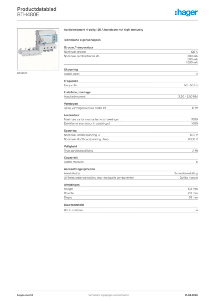 Afbeelding Hager Productdatablad BTH480E | Hager Nederland