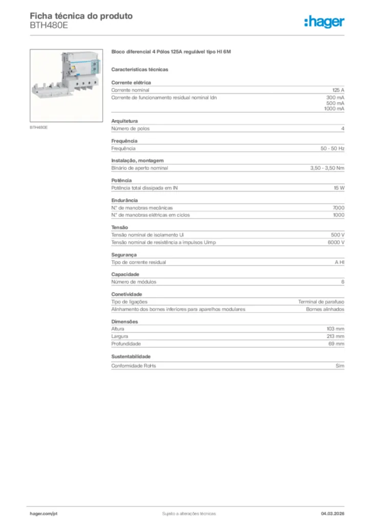 Imagem Hager Ficha técnica do produto BTH480E | Hager Portugal