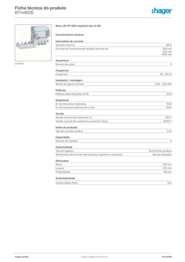 Imagem Hager Ficha técnica do produto BTH480E | Hager Portugal