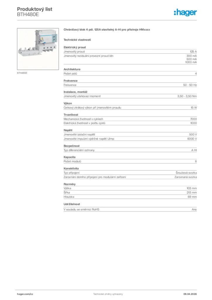 Obrázek Hager Product data sheet BTH480E | Hager