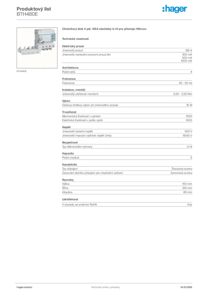 Obrázek Hager Produktový list BTH480E | Hager