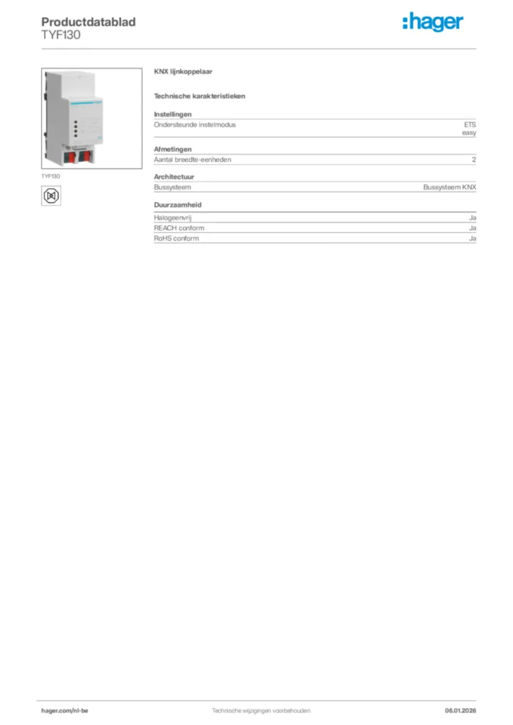 Afbeelding Hager Productdatablad TYF130 | Hager Belgium