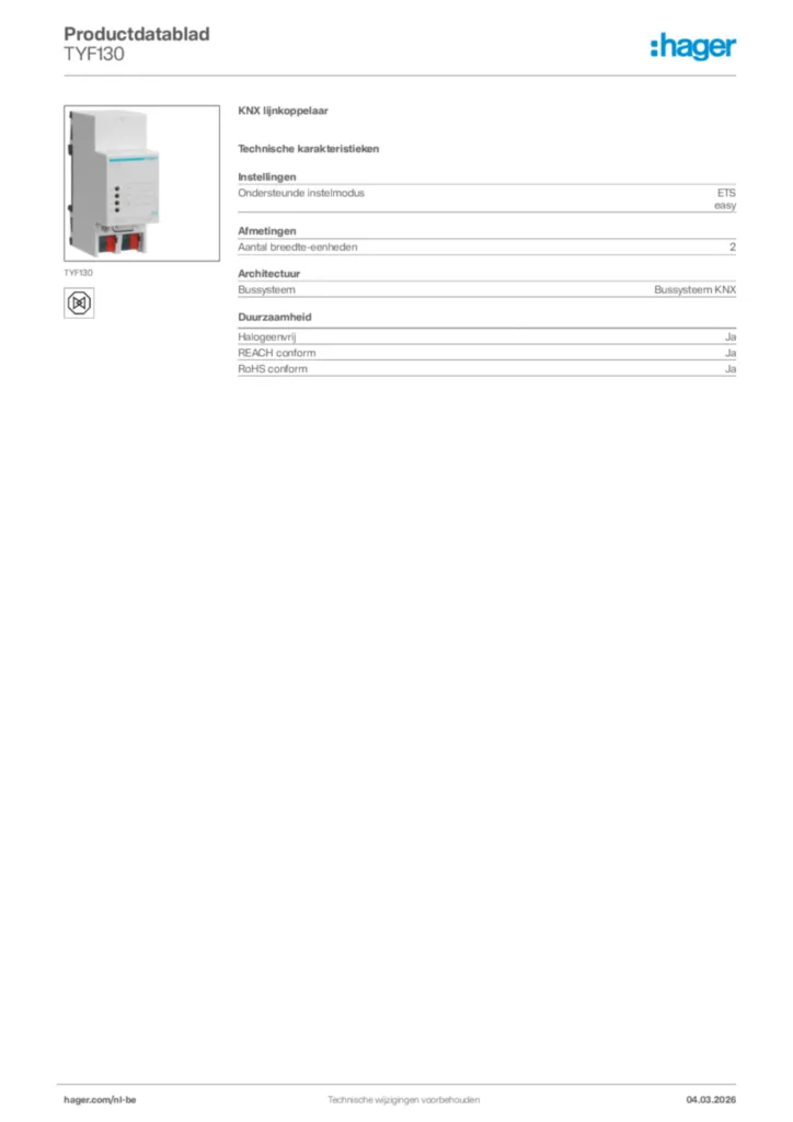 Afbeelding Hager Productdatablad TYF130 | Hager Belgium