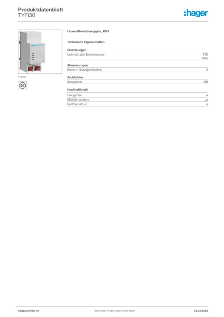 Bild Hager Produktdatenblatt TYF130 | Hager Schweiz