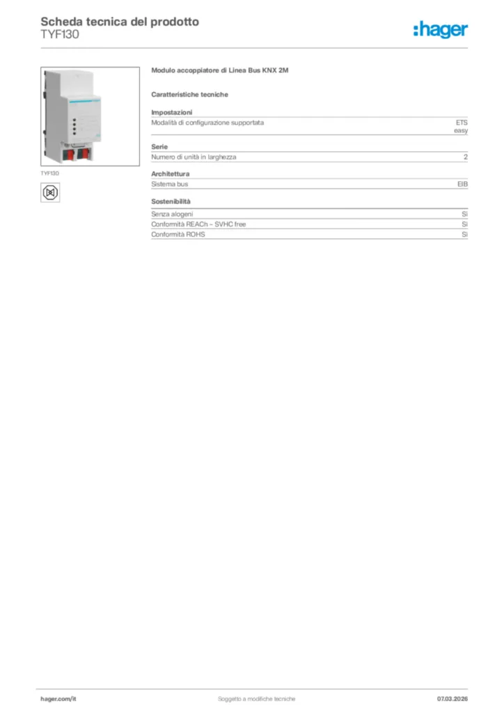 Immagine Hager Scheda tecnica del prodotto TYF130 | Hager Italia