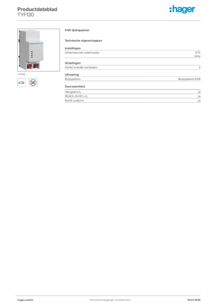 Afbeelding Hager Productdatablad TYF130 | Hager Nederland